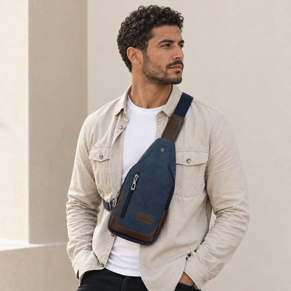 Homme portant la petite sacoche en toile bleue sur le torse