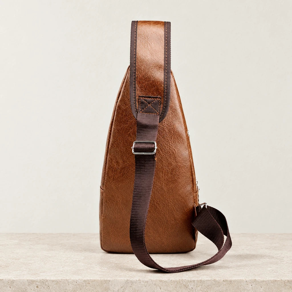Dos du sac bandoulière marron avec sangle réglable