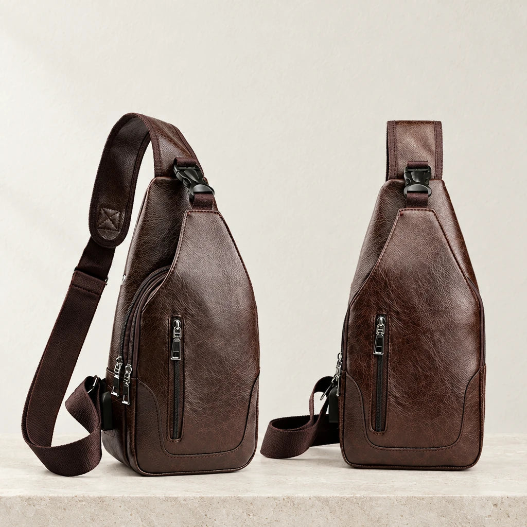 Sac bandoulière homme marron foncé vu de face et de dos