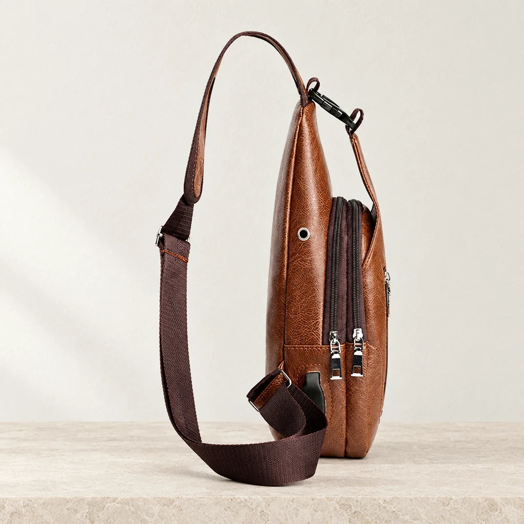 Profil du sac bandoulière marron avec passe écouteurs