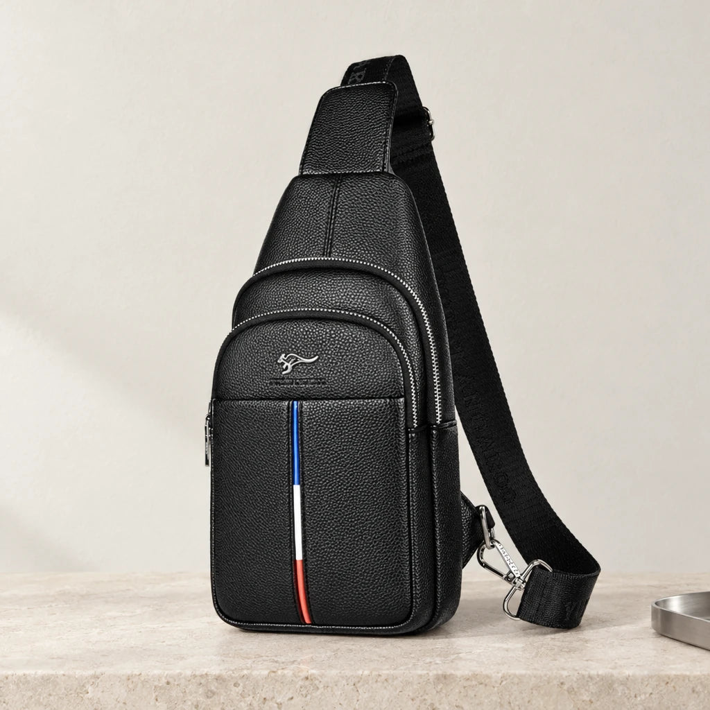 Sacoche bandoulière homme noire format vertical, liseré bleu blanc rouge