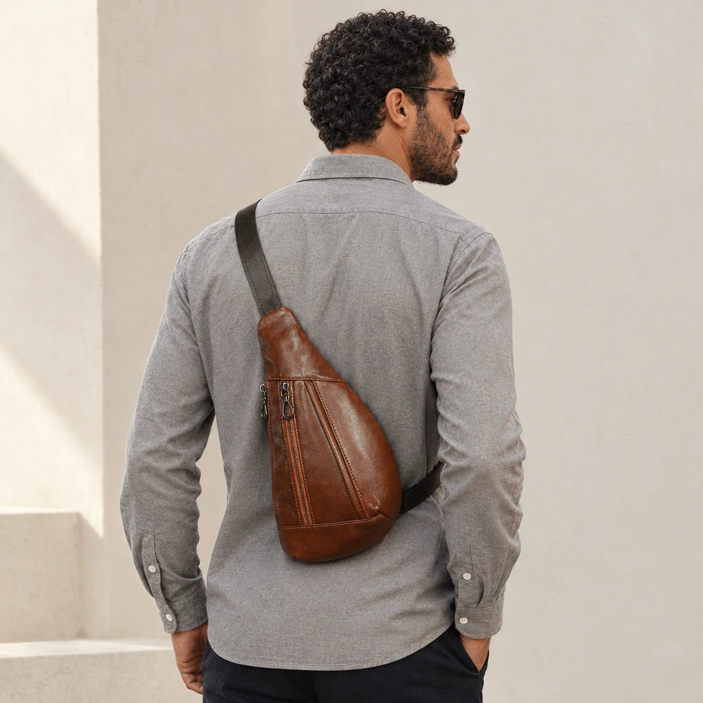 Sacoche urbaine marron portée dans le dos sur une chemise grise
