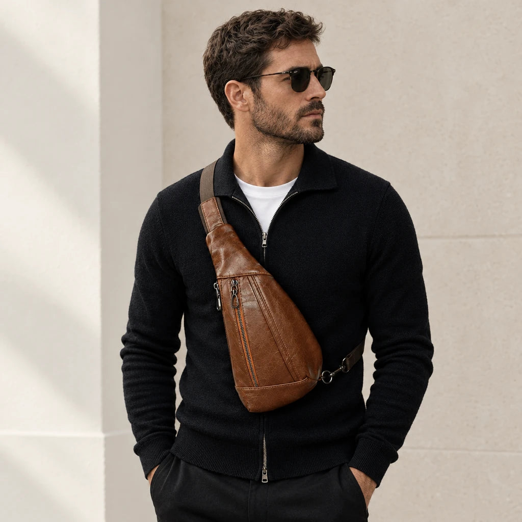 Homme en gilet noir portant la sacoche urbaine marron