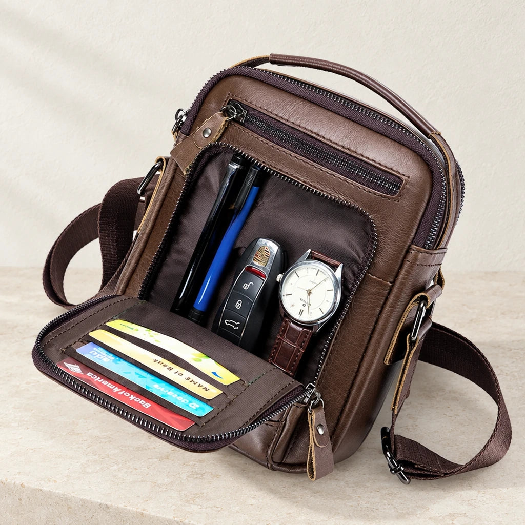 Intérieur de la sacoche cuir avec cartes, montre et stylo