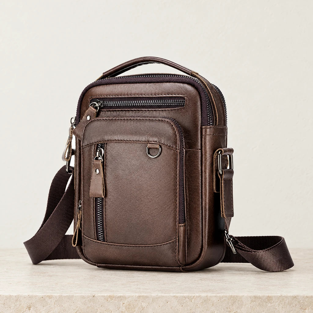 Sacoche cuir homme marron foncé multi poches