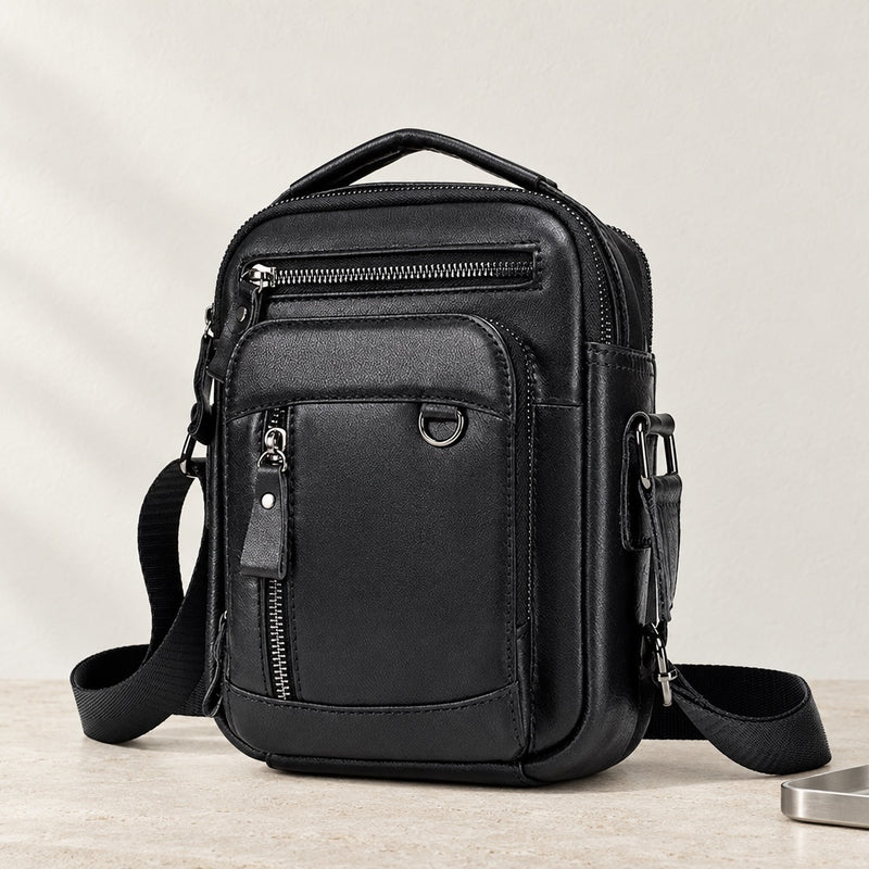 Sacoche cuir homme noire avec poignée et bandoulière