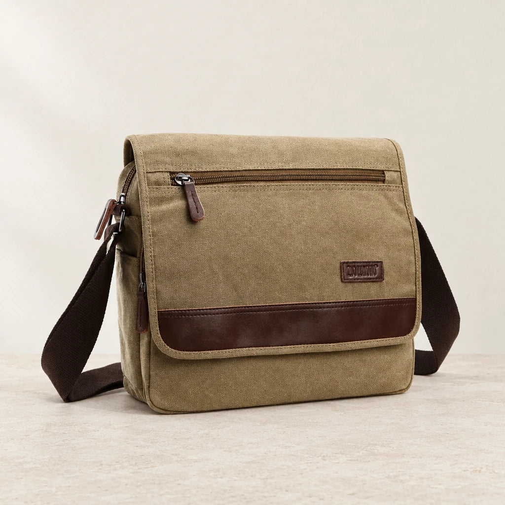 Sacoche homme en toile avec rabat camel, grande taille