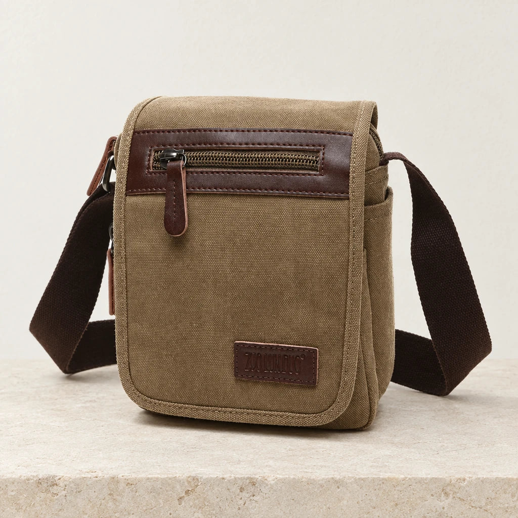 Sacoche homme en toile avec rabat camel, petite taille