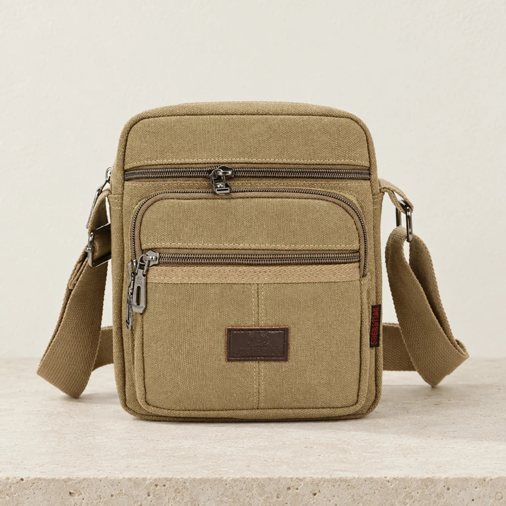 Sacoche pour homme en tissu beige multi poches