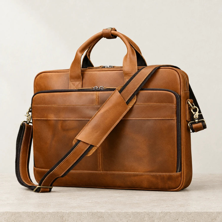 Cartable homme en cuir marron avec bandoulière