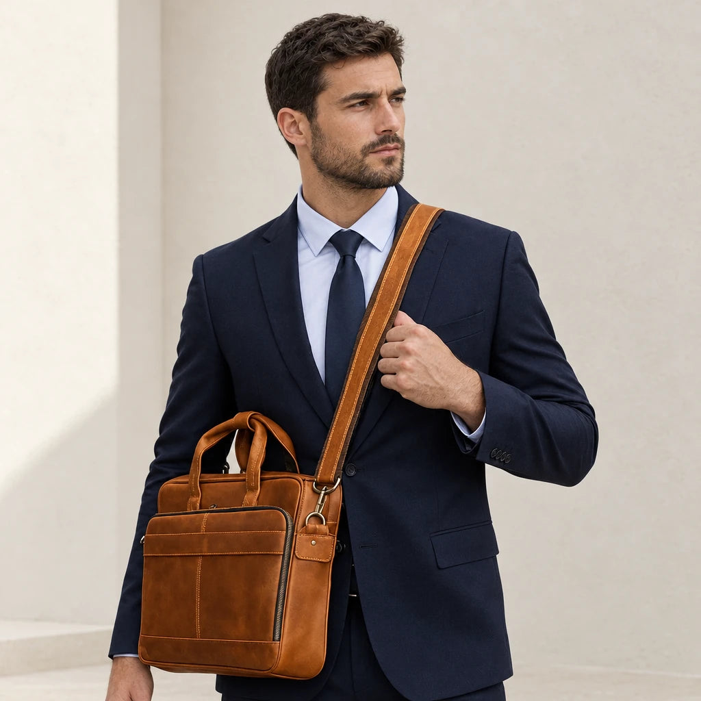 Homme en costume portant le cartable en cuir marron