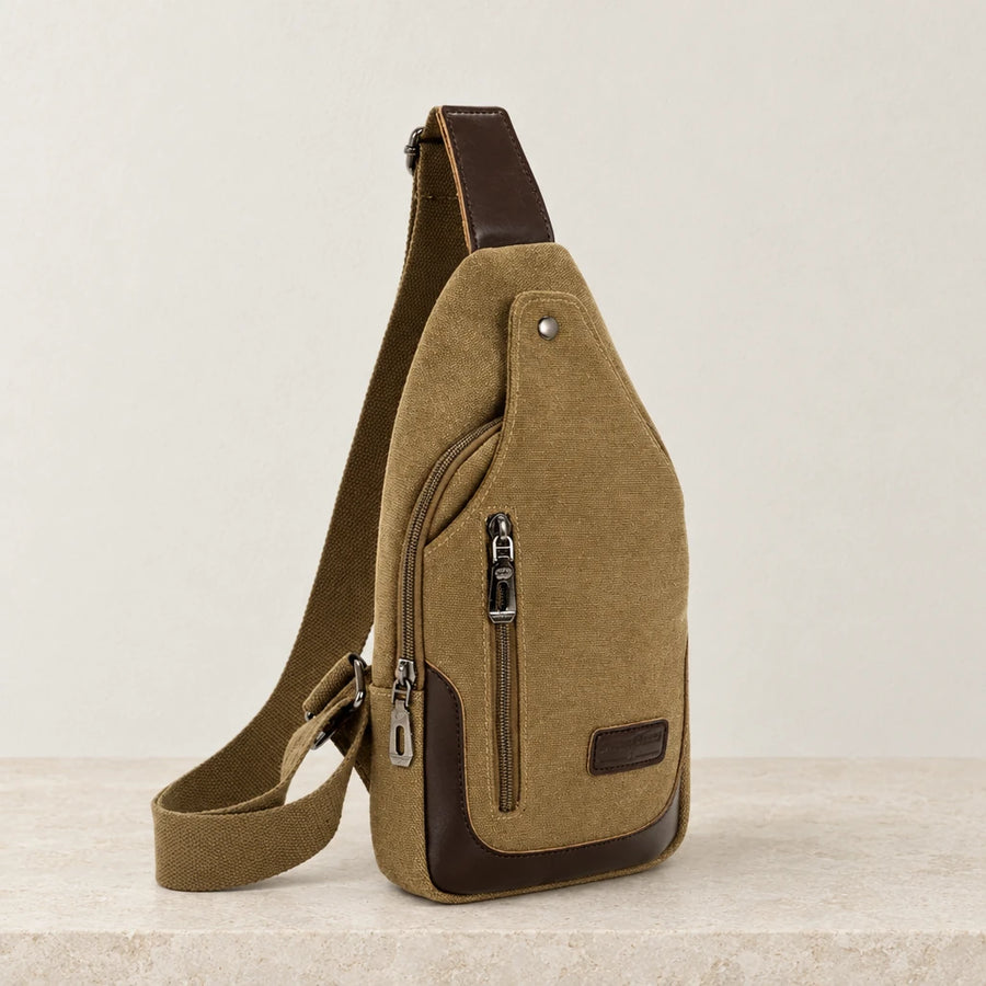 Petite sacoche homme en toile beige avec renforts en cuir