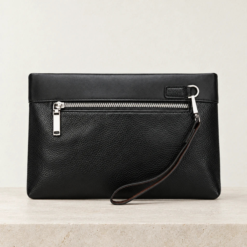 Dos de la pochette homme noire avec poche zippée