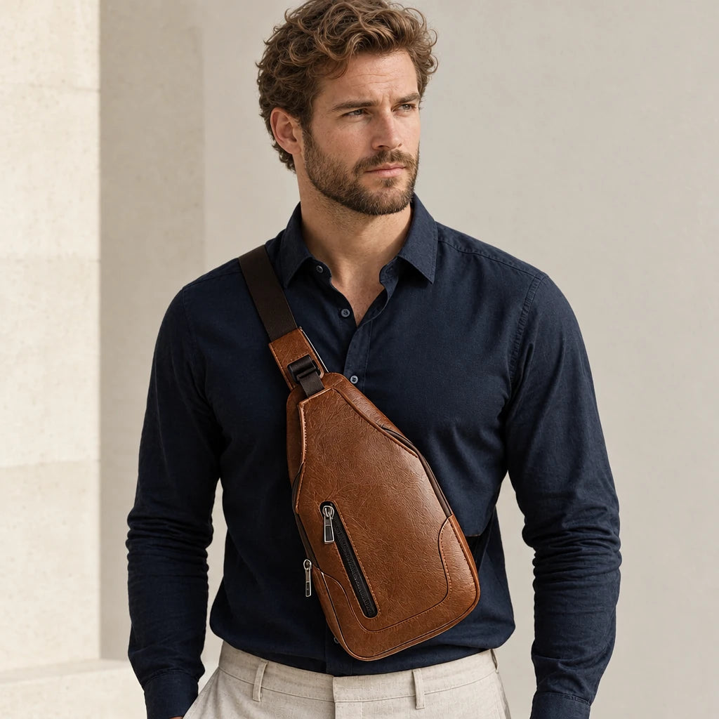 Homme en chemise bleu marine portant le sac bandoulière marron