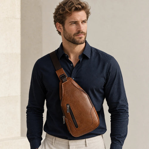 Homme en chemise bleu marine portant le sac bandoulière marron