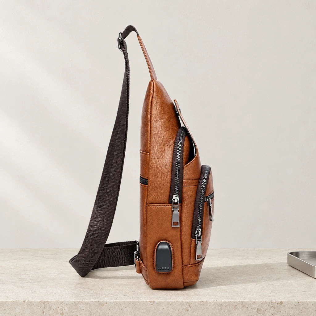 Sacoche bandoulière homme marron vue de profil avec port USB