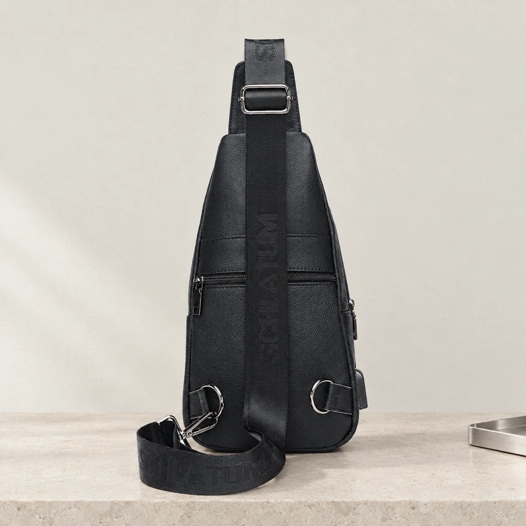 Dos de la sacoche bandoulière noire avec poche arrière zippée