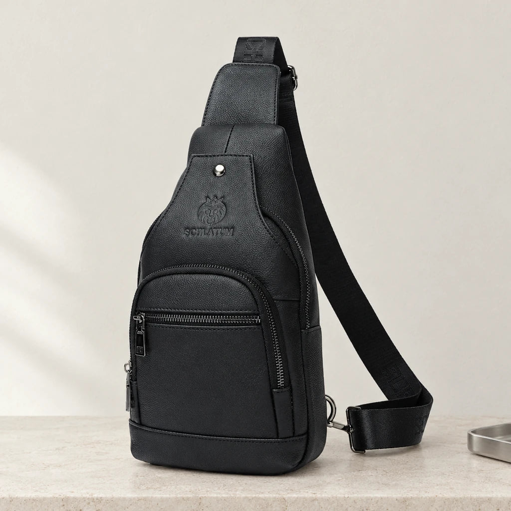 Sacoche bandoulière homme en cuir noir, format vertical avec port USB