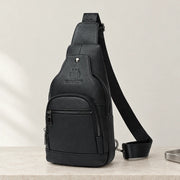 Sacoche bandoulière homme en cuir noir, format vertical avec port USB