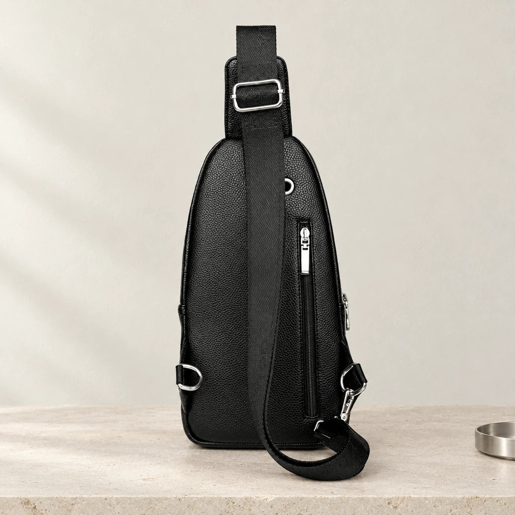 Dos de la sacoche bandoulière noire avec poche zippée et sangle réglable