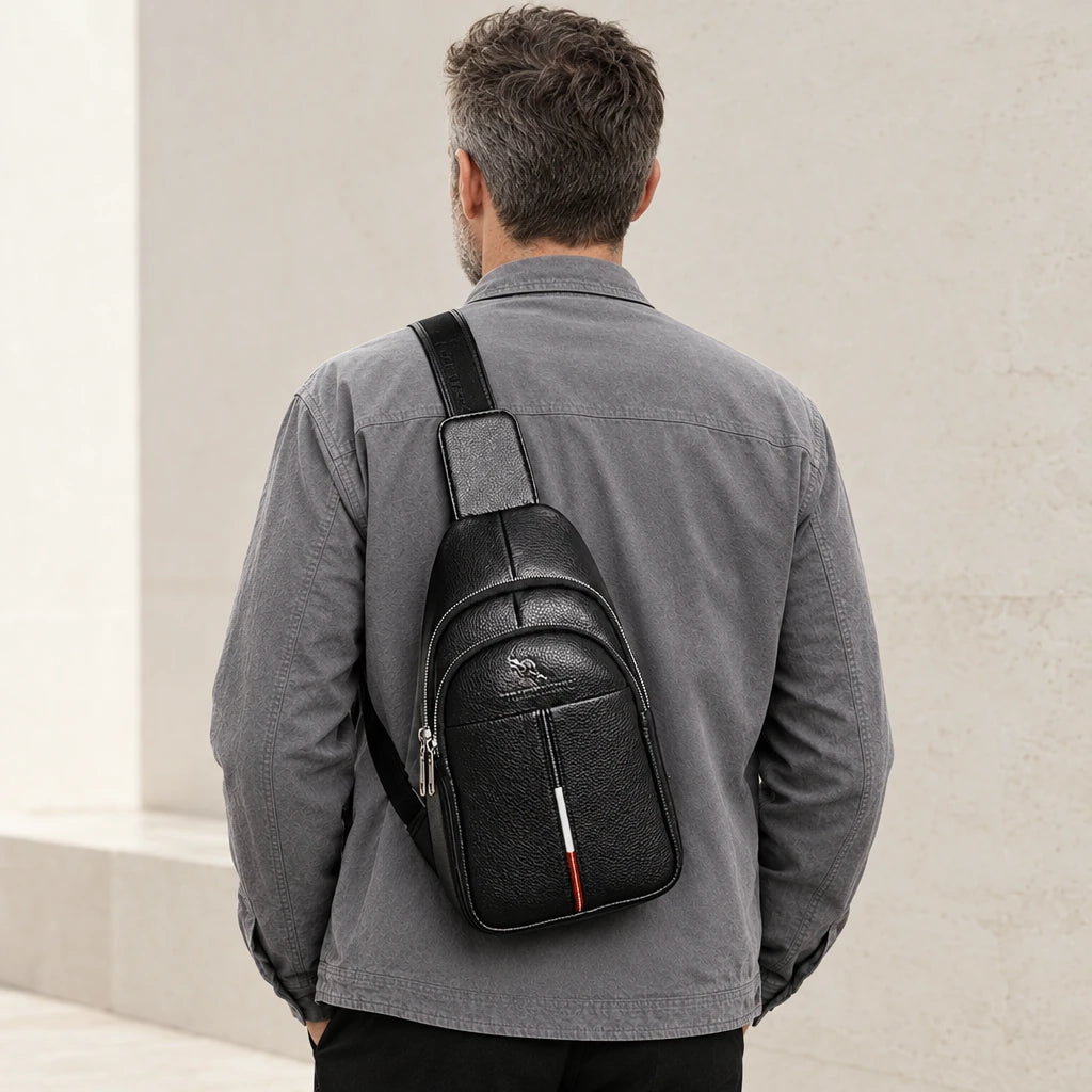 Sacoche bandoulière noire portée dans le dos sur une veste grise