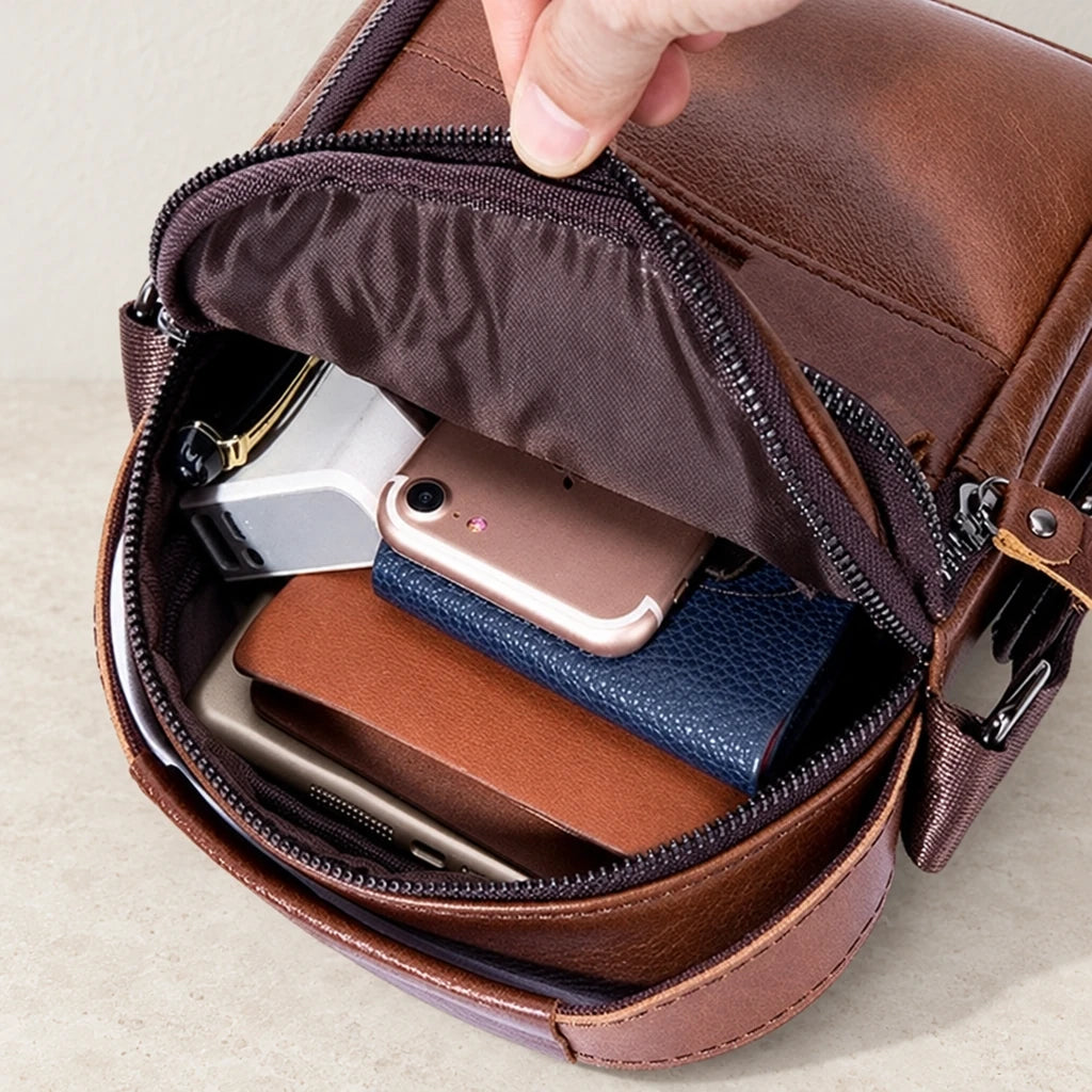 Intérieur de la sacoche pour papiers avec portefeuille et téléphone