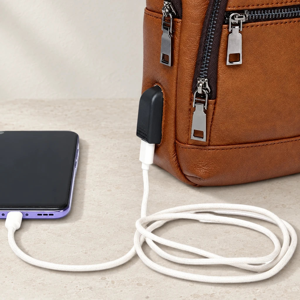 Port USB externe de la sacoche branché à un téléphone