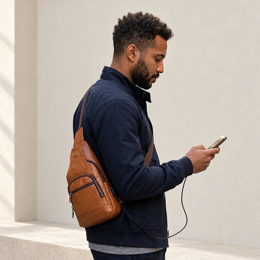 Homme portant la sacoche bandoulière marron en travers du buste, téléphone en main