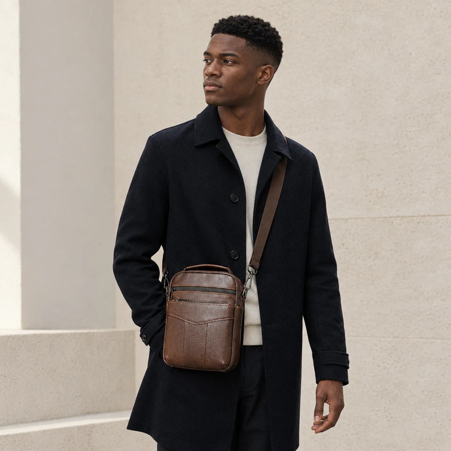 Homme en manteau portant la sacoche de travail marron