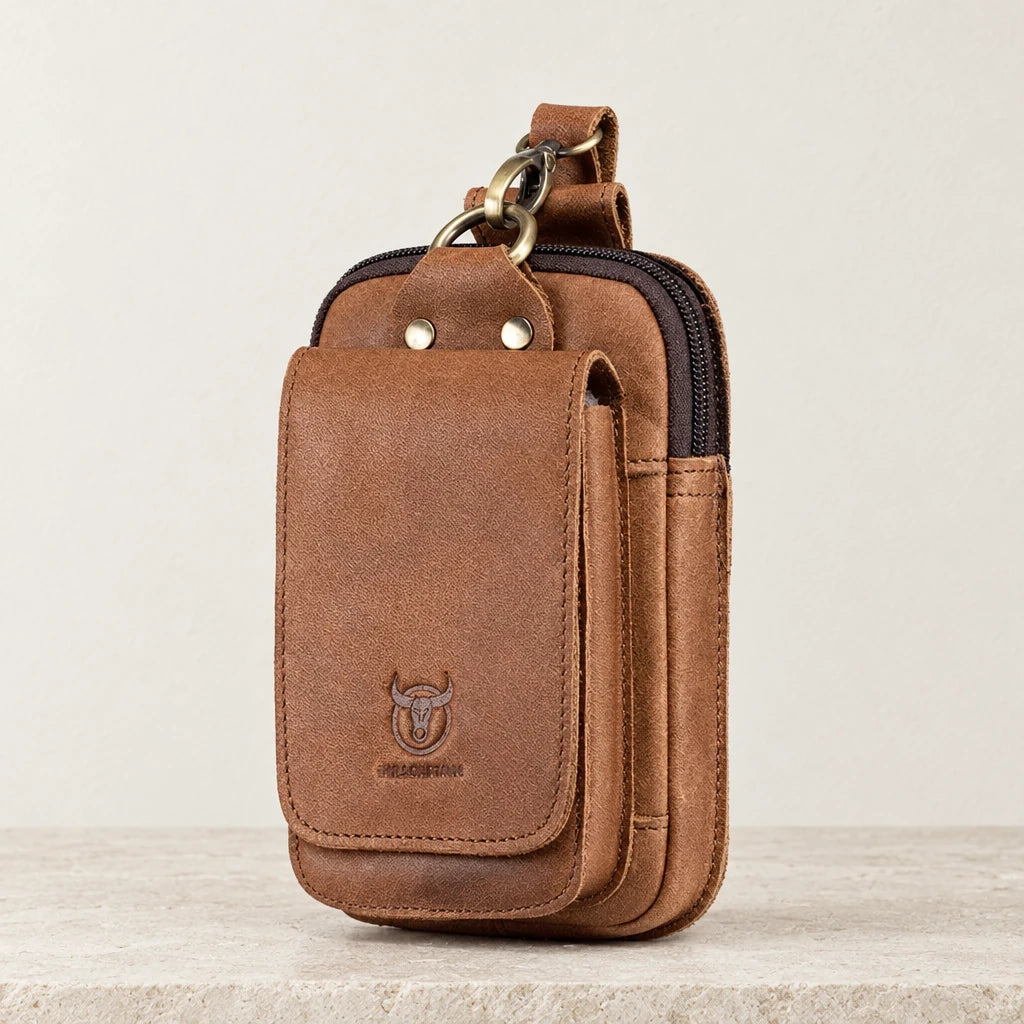 Sacoche ceinture homme en cuir camel avec mousqueton