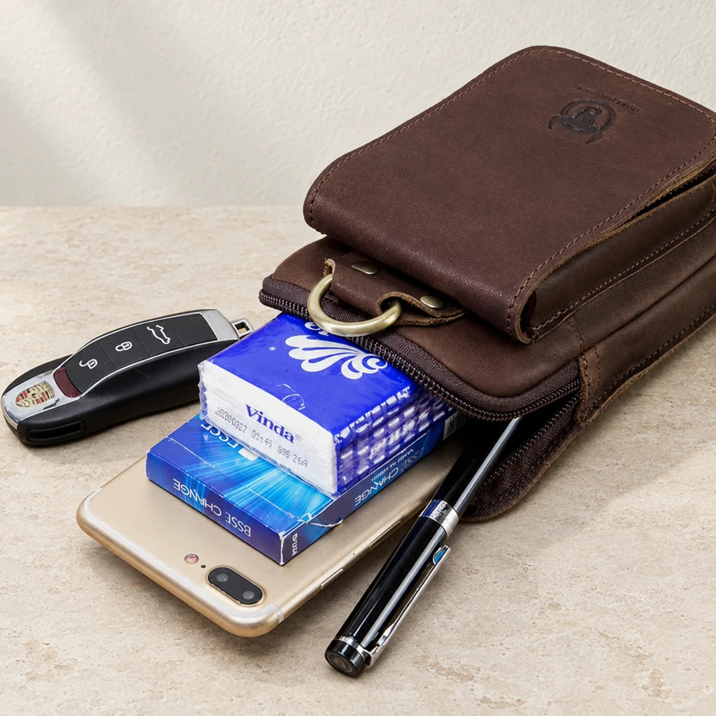 Sacoche ceinture en cuir avec téléphone, clé et stylo