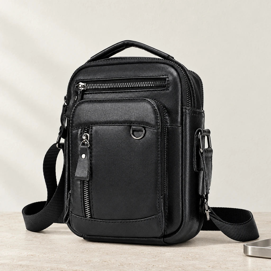 Sacoche cuir homme noire multi poches avec poignée