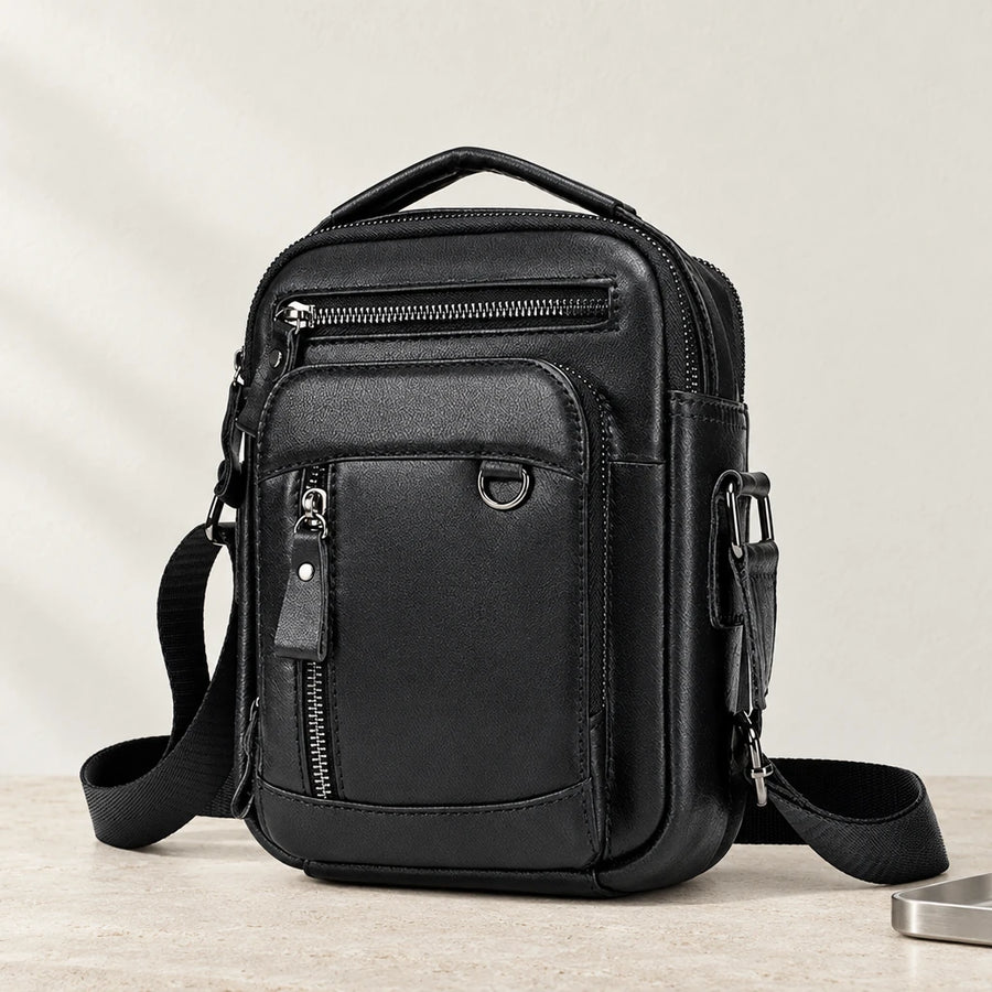 Sacoche cuir homme noire multi poches avec poignée