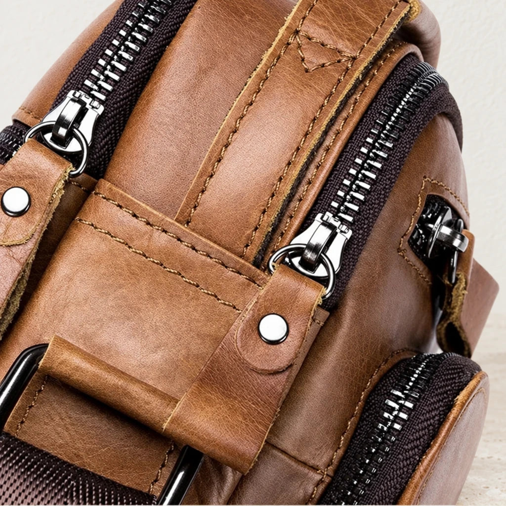 Poches zippées de la sacoche cuir marron