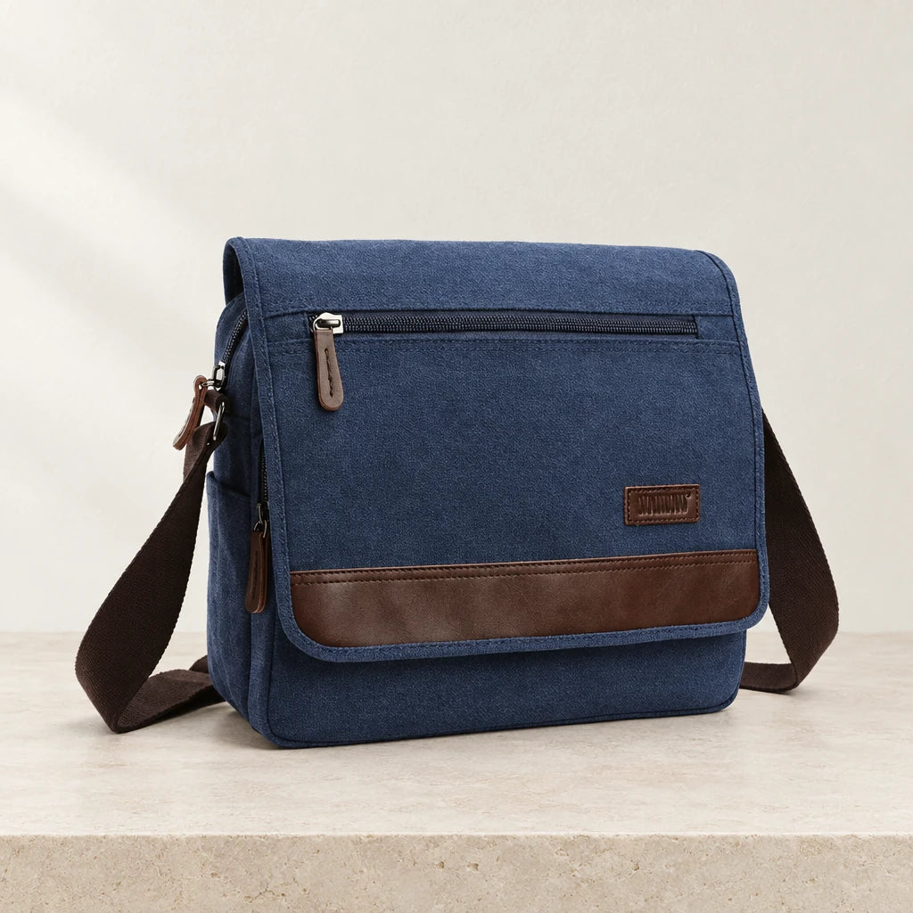 Sacoche homme en toile avec rabat bleue, grande taille