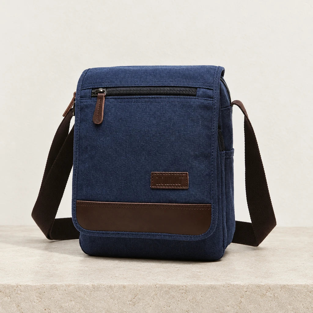 Sacoche homme en toile avec rabat bleue, taille moyenne