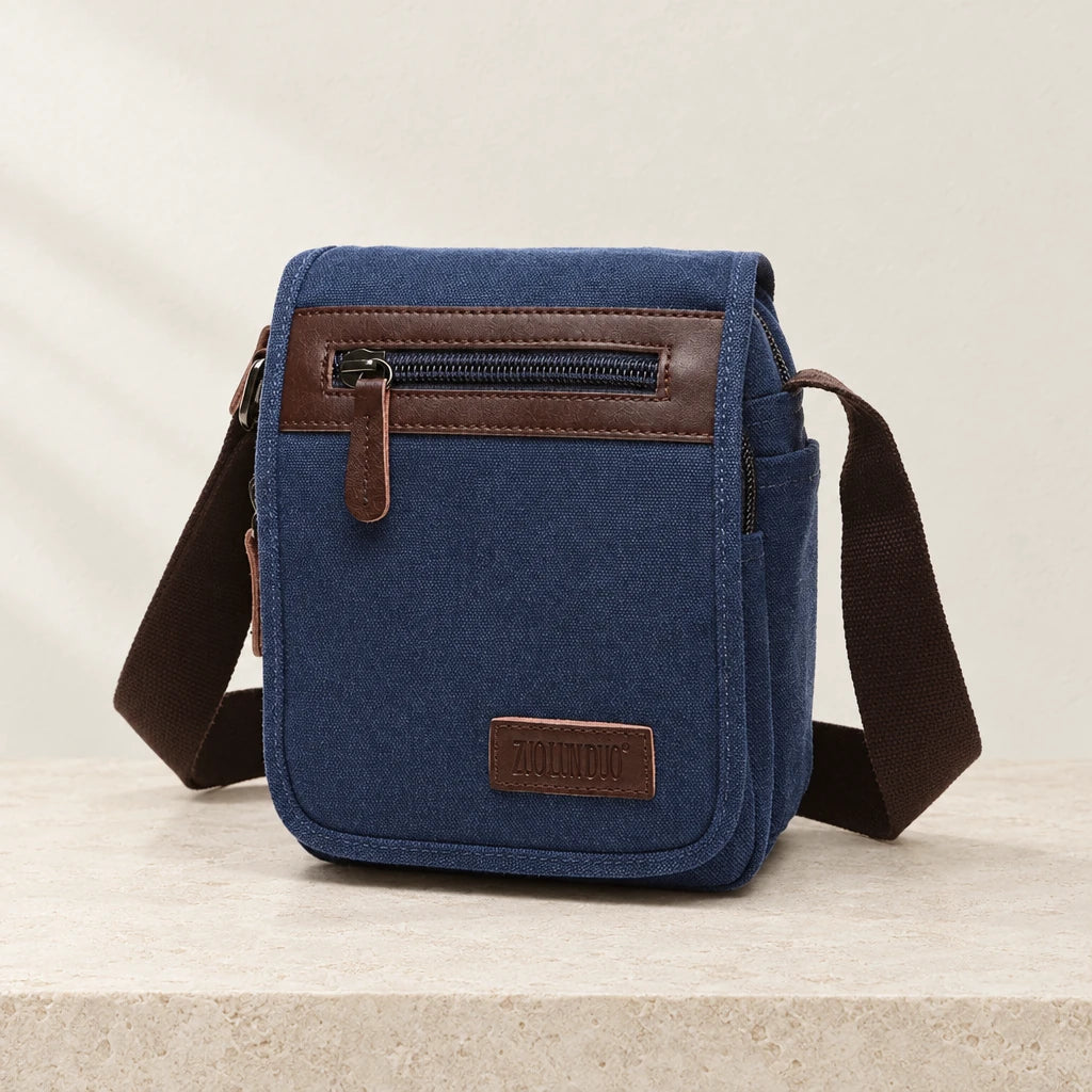 Sacoche homme en toile avec rabat bleue, petite taille