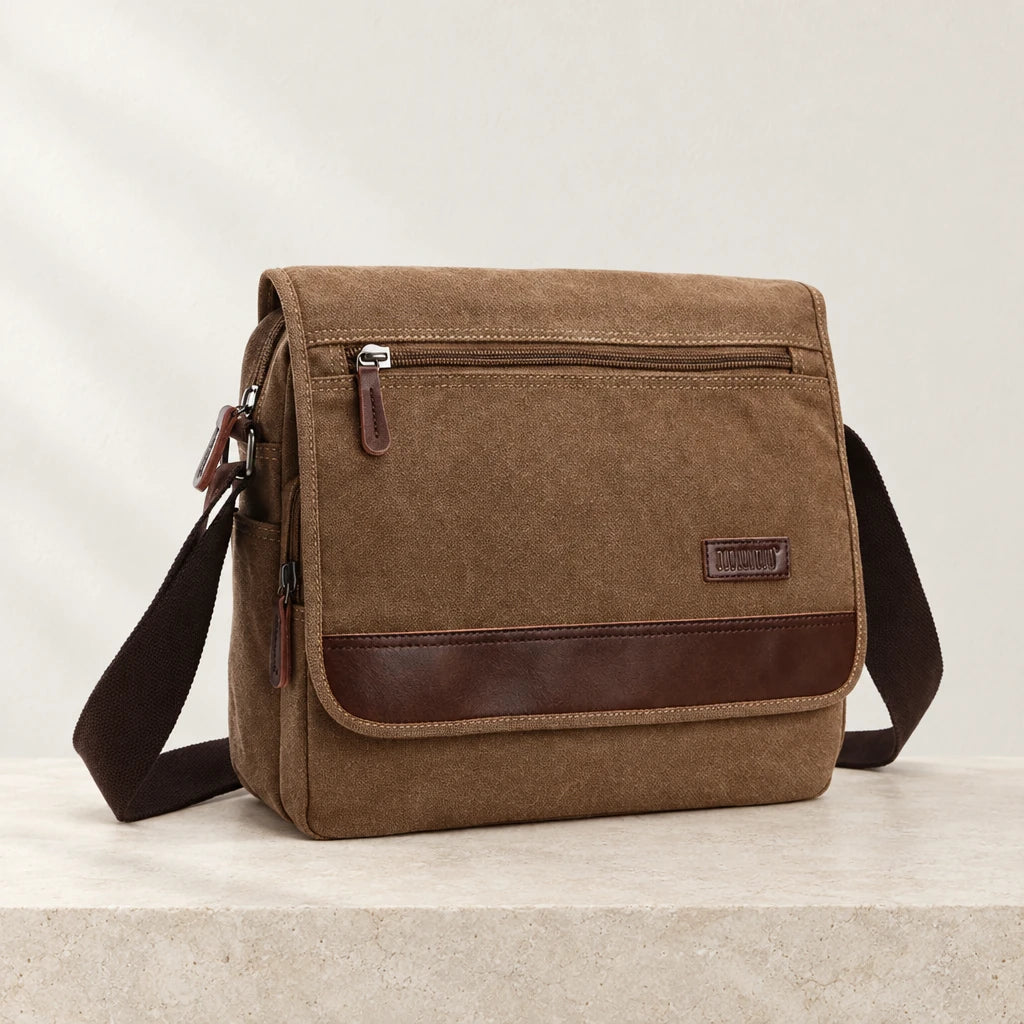 Sacoche homme en toile avec rabat marron, grande taille