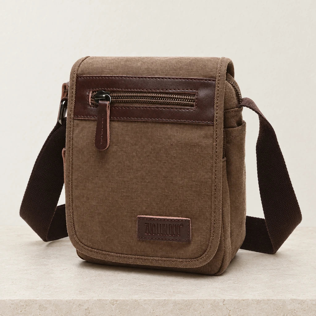 Sacoche homme en toile avec rabat marron, petite taille