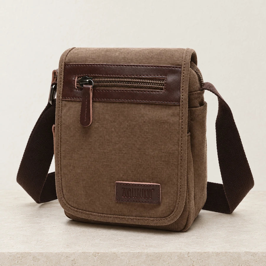 Sacoche homme en toile avec rabat marron, petite taille