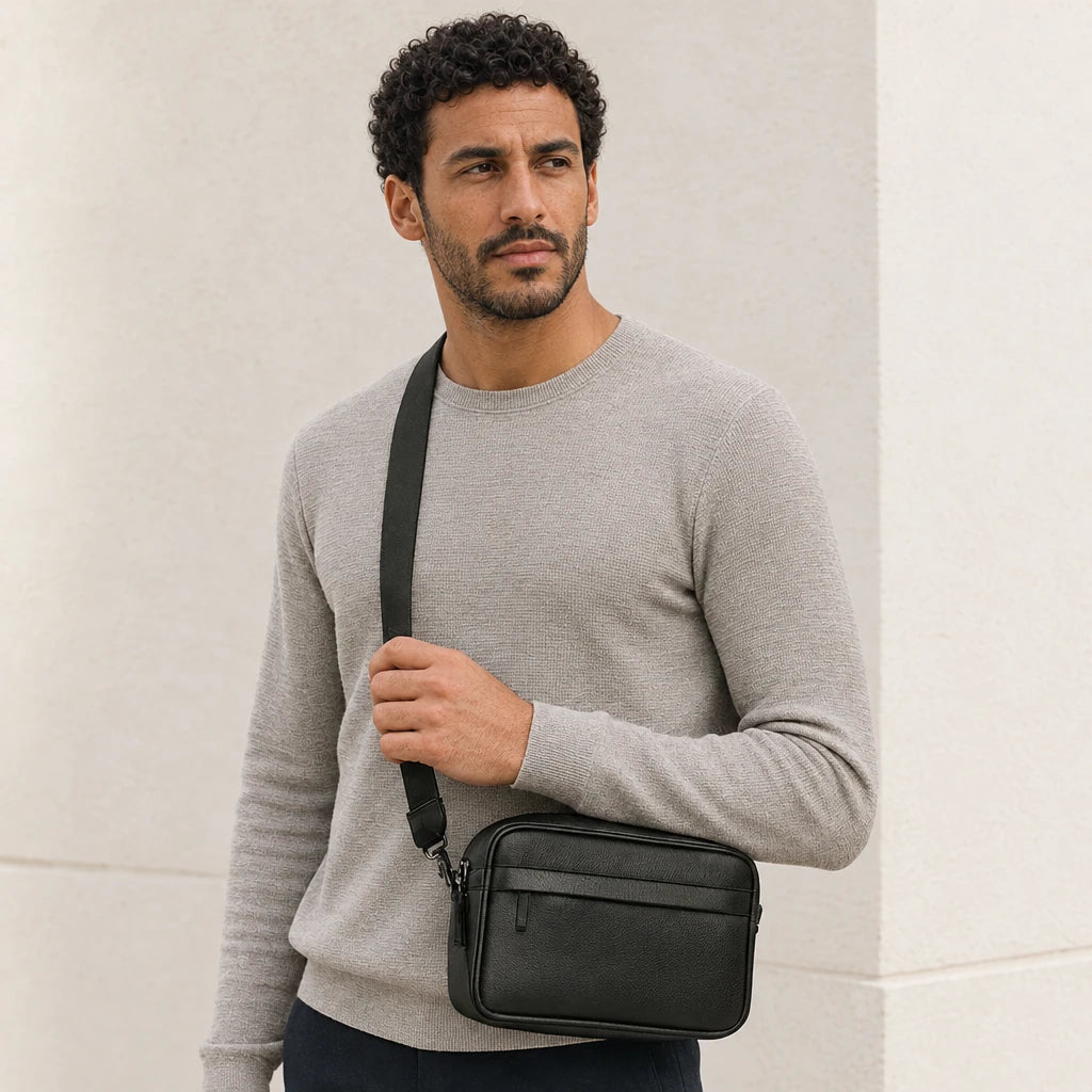 Homme en pull gris portant la sacoche rectangulaire noire