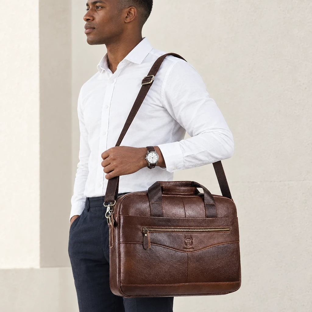 Homme en chemise blanche portant la sacoche de travail marron